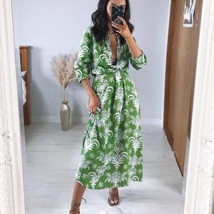 NWT_ZARA WOMAN MIDI BELTED PRINTED DRESS FLOWY GREEN | 5216/046